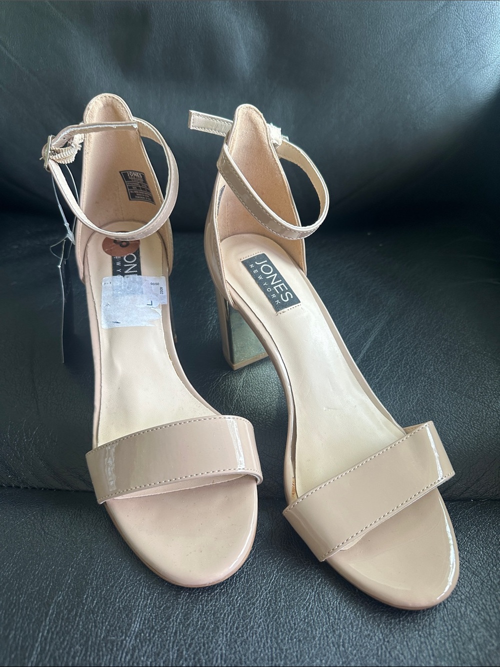 Jones New York Blush Patent Ankle-Strap Block Heels with Gold Accents